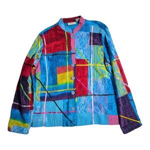 Vtg Y2K Studio Works Blue Chenille Patchwork Mandarin Collar Button Up Jacket M